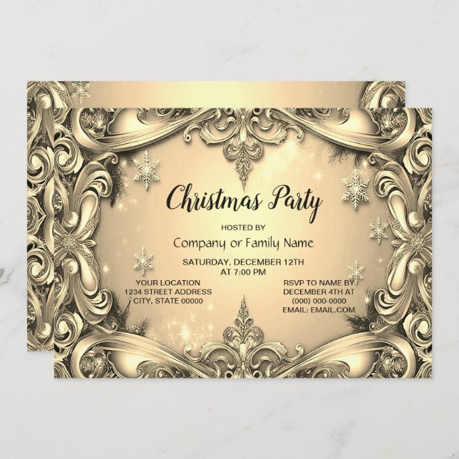 Gold Decorative Christmas Party Invitation (Front/Back)