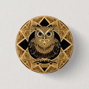 Gold Decorative Owl Mandala Design 3 Cm Round Badge
