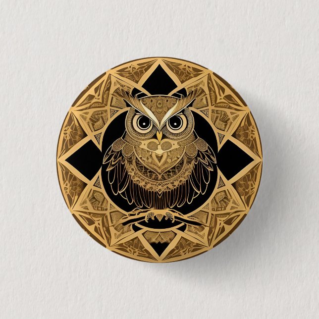 Gold Decorative Owl Mandala Design 3 Cm Round Badge (Front)