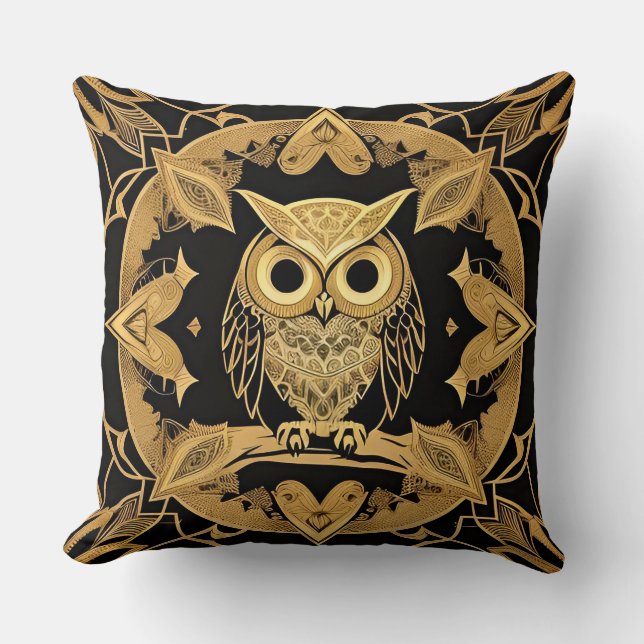 Gold Decorative Owl Mandala Design Cushion (Front)
