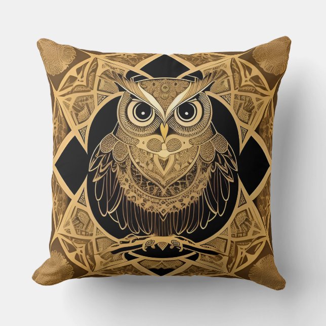 Gold Decorative Owl Mandala Design Cushion (Front)