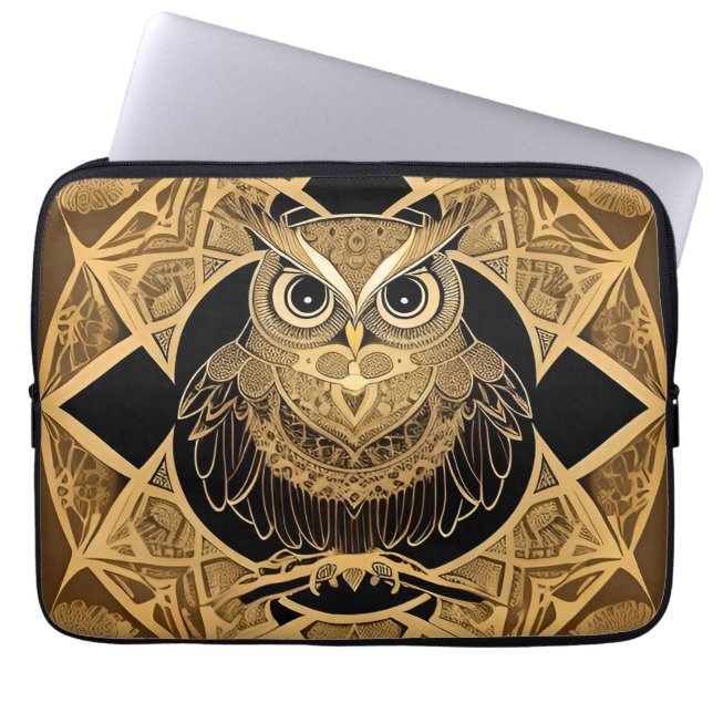 Gold Decorative Owl Mandala Design Laptop Sleeve (Front)