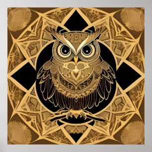 Gold Decorative Owl Mandala Design Poster