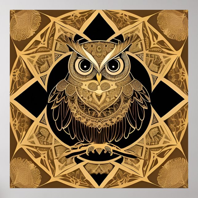 Gold Decorative Owl Mandala Design Poster (Front)