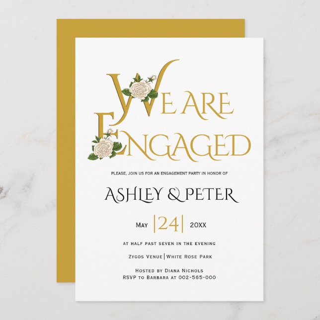 Gold decorative typography, rose engagement party invitation (Front/Back)