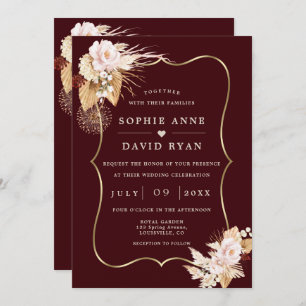 Gold Deep Burgundy Floral Fall All In One Wedding Invitation