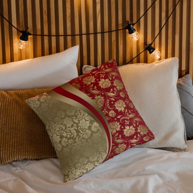 Gold & Deep Red Floral Damask Modern Design Cushion (Creator Uploaded)