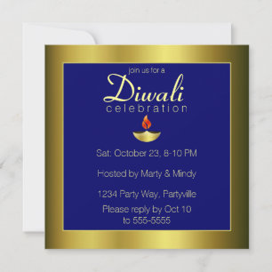 Gold Deepas in Om on Blue Invitation
