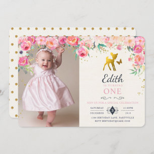 Gold Deer & Floral Photo Birthday Invitation