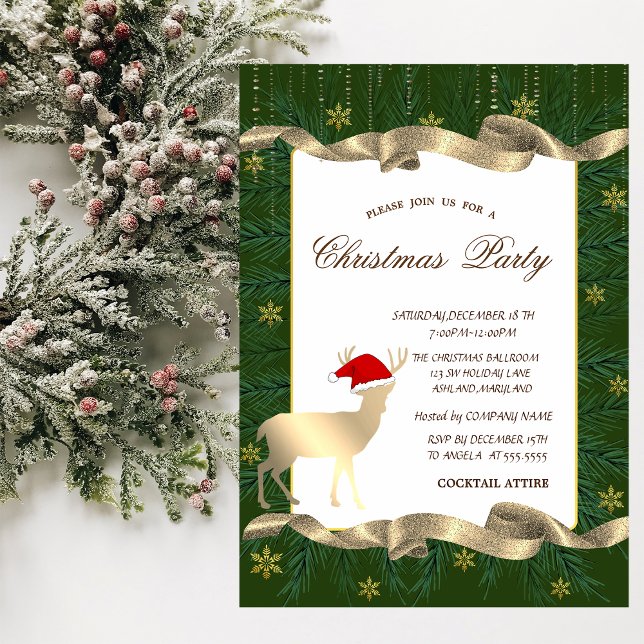 Gold Deer Santa Hat,Branches Green Christmas Party Invitation (Creator Uploaded)