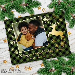 Gold Deer & Snowflakes Green Black Plaid Pattern Foil Holiday Postcard