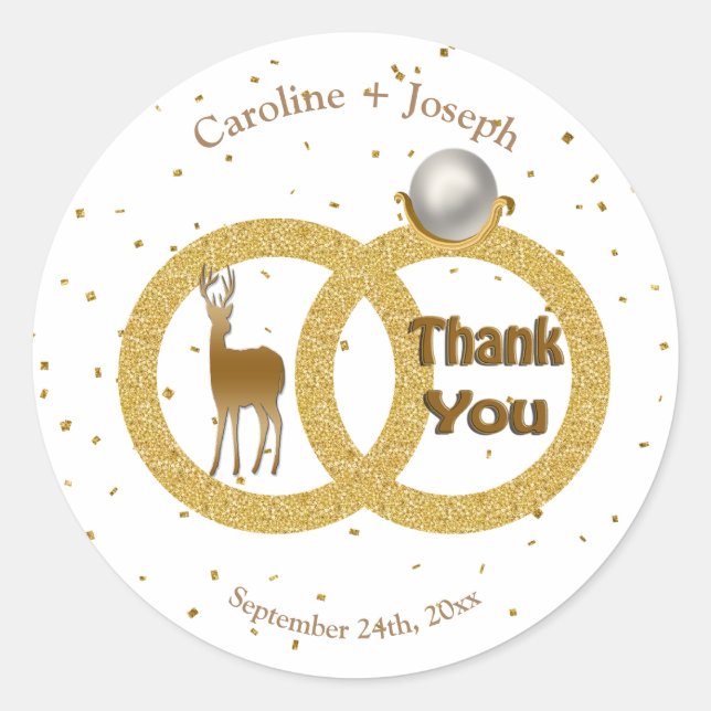 Gold Deer with Wedding Pearl Glitter Ring Classic Round Sticker (Front)