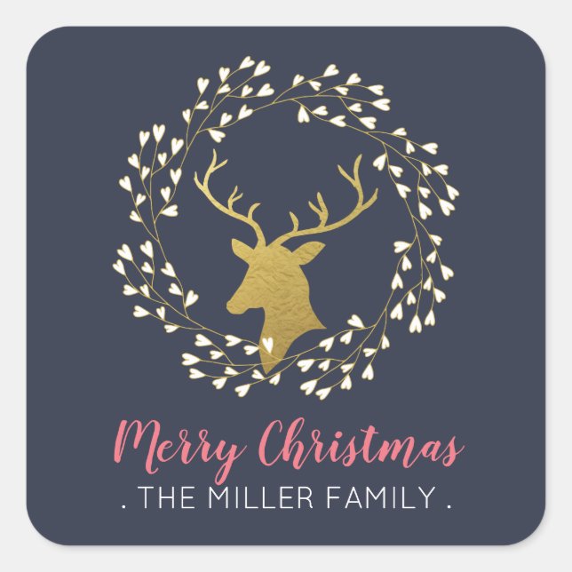 Gold Deer & Wreath | Christmas Holiday Sticker (Front)