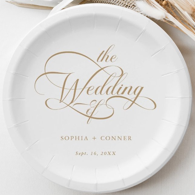 Gold Delicate Elegant Script Wedding Paper Plate (Creator Uploaded)
