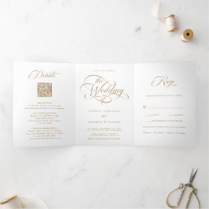 Gold Delicate Elegant Script Wedding Tri-Fold Invitation