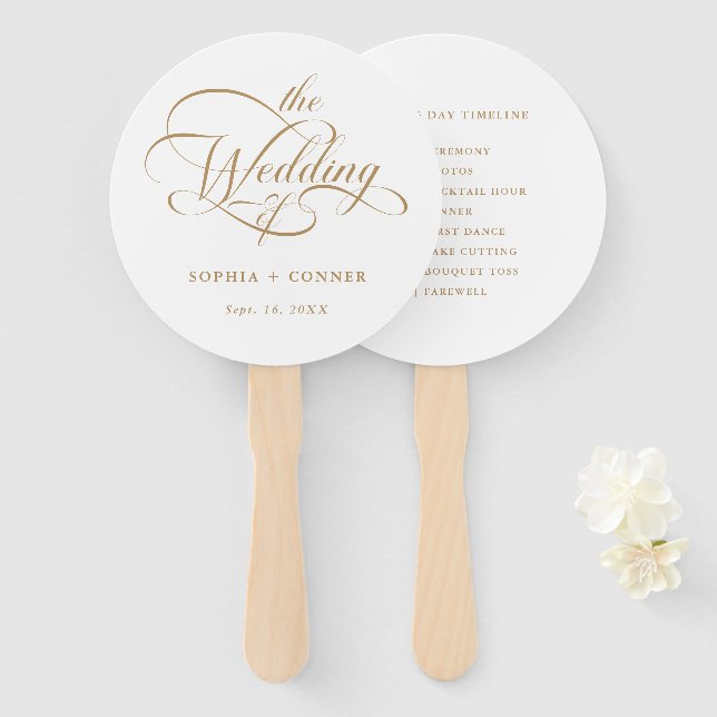Gold Delicate Elegant Wedding Timeline Hand Fan (Front and Back)