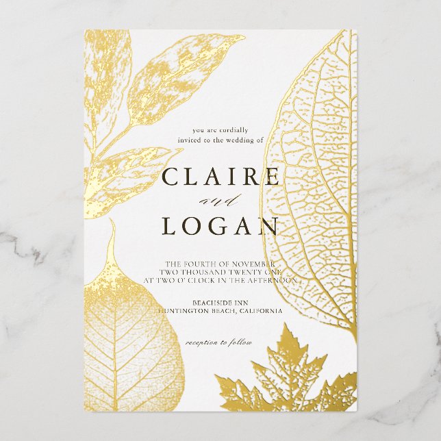 Gold Delicate Leaves Wedding Foil Invitation (Front)