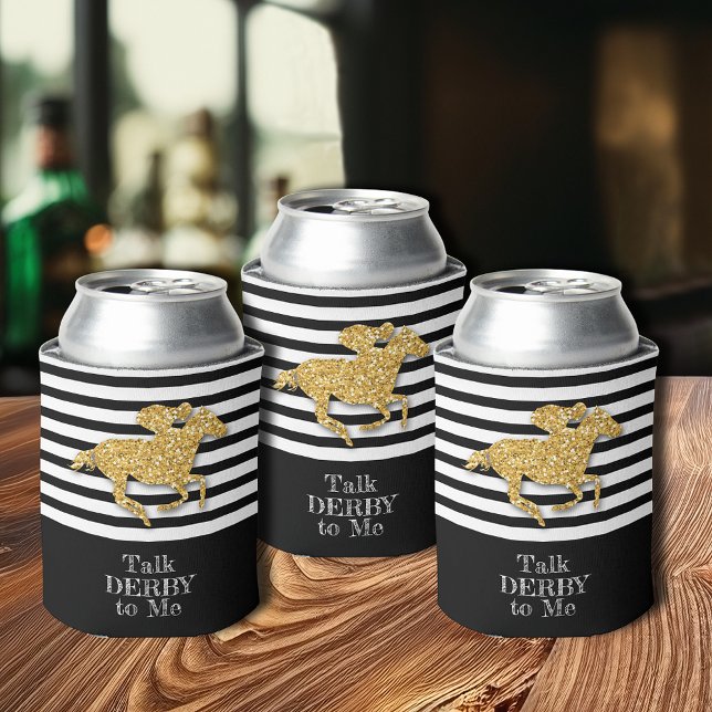 Gold Derby Race Horse Black White Stripes Can Cooler (Gold Derby racehorse on black and white stripes beverage can coolers)