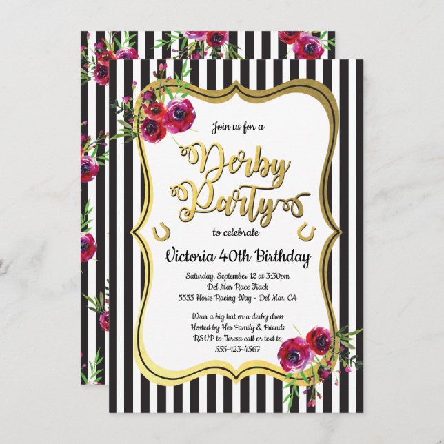 Gold Derby Themed Birthday Invitations (Front/Back)