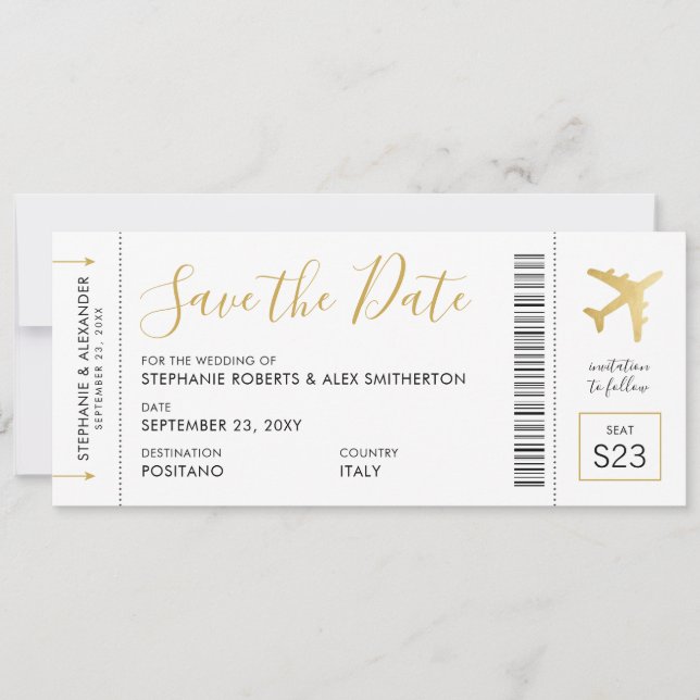 Gold Destination Wedding Aeroplane Boarding Pass Save The Date (Front)