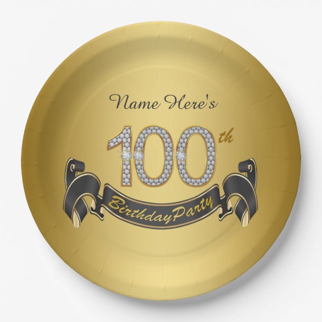 Gold Diamond 100th Birthday Party Paper Plate (Front)