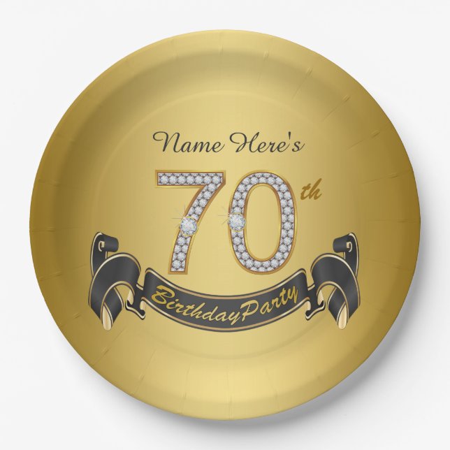 Gold Diamond 70th Birthday Party Paper Plate (Front)