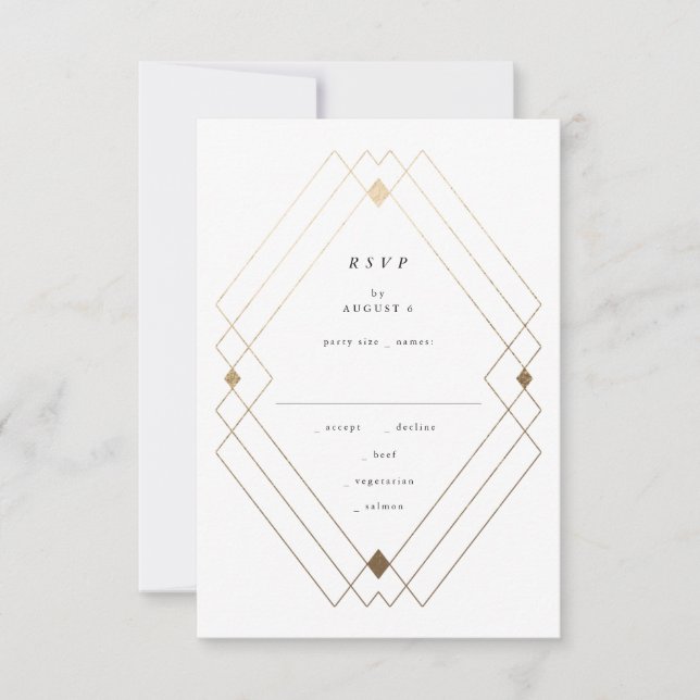 Gold Diamond Black Geometric Deco Gatsby Wedding RSVP Card (Front)