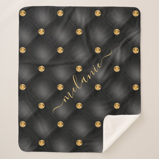 Gold Diamond Black Sherpa Blanket with Custom Name (Front)