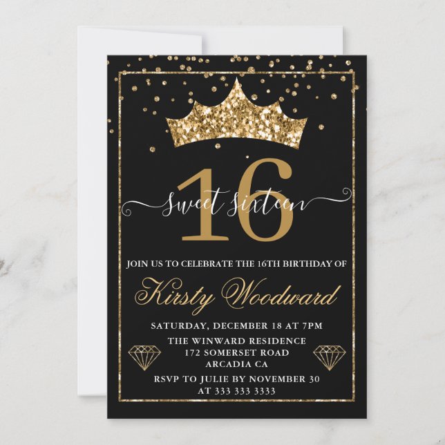 Gold Diamond Confetti Tiara Sweet 16 Invitation (Front)