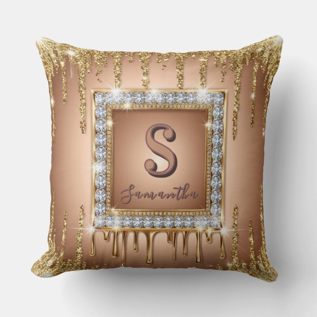 Gold Diamond Frame Monogram Square Glitter Cushion (Front)