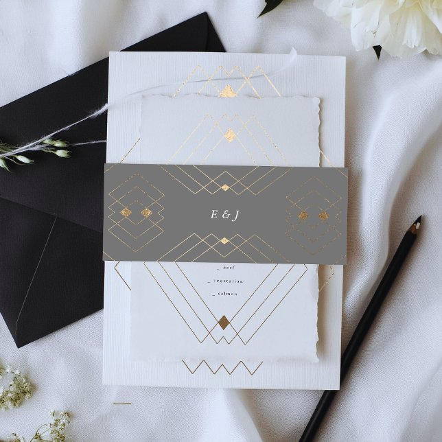 Gold Diamond Grey Geometric Deco Gatsby Wedding Invitation Belly Band (Creator Uploaded)