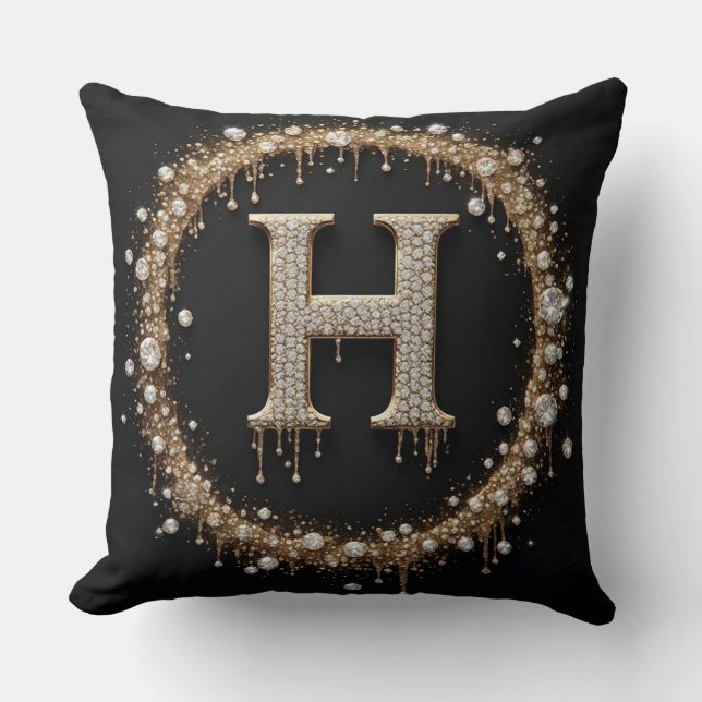 Gold Diamond H Letter Monogram Cushion (Front)