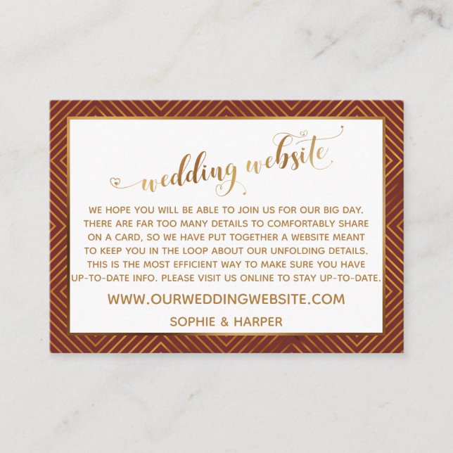 Gold Diamond Heart Script Wedding Website Burgundy Enclosure Card (Front)