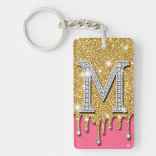 Gold Diamond Initial M Pink Background Gift Idea Key Ring