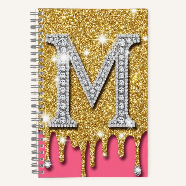 Gold Diamond Initial M Pink Background Gift Idea Notebook (Front)