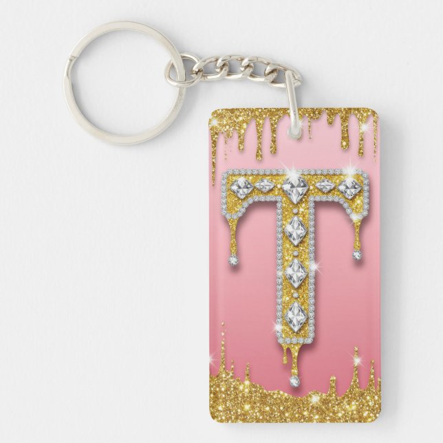 Gold Diamond Monogram Letter T Pink Gift Idea Key Ring (Front)