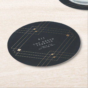 Gold Diamond Navy Geometric Deco Gatsby Wedding Round Paper Coaster