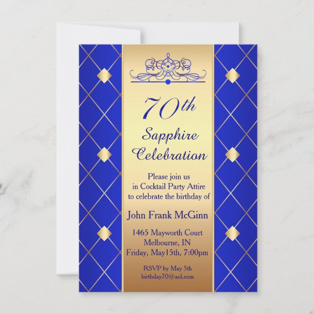 Gold diamond pattern on blue 70th Birthday Party Invitation (Front)