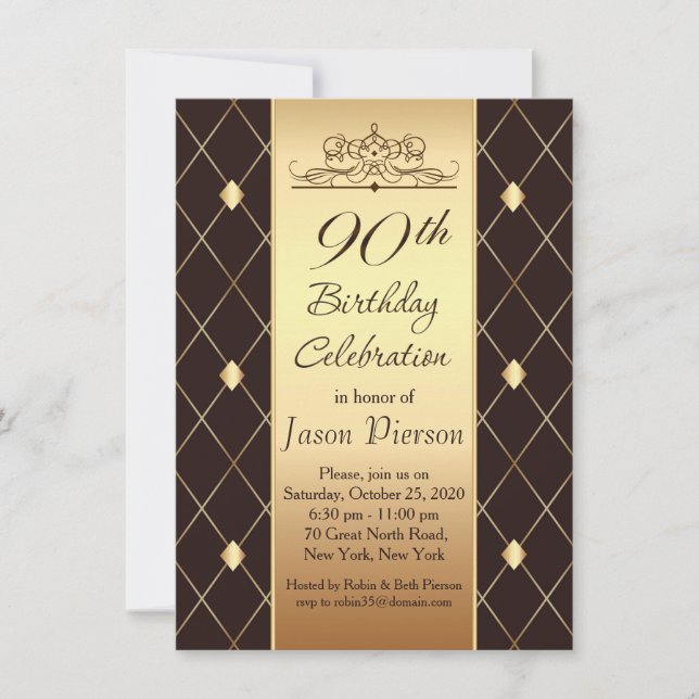Gold diamond pattern on brown 90th Birthday Party Invitation (Front)