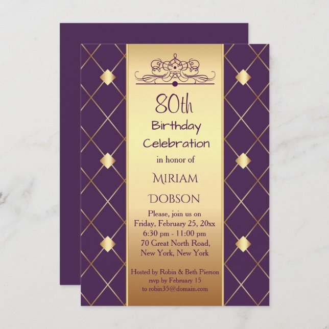 Gold diamond pattern on purple 80th Birthday Party Invitation (Front/Back)