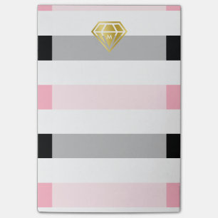Gold Diamond & Pink & Black Stripes Monogram Post-it Notes