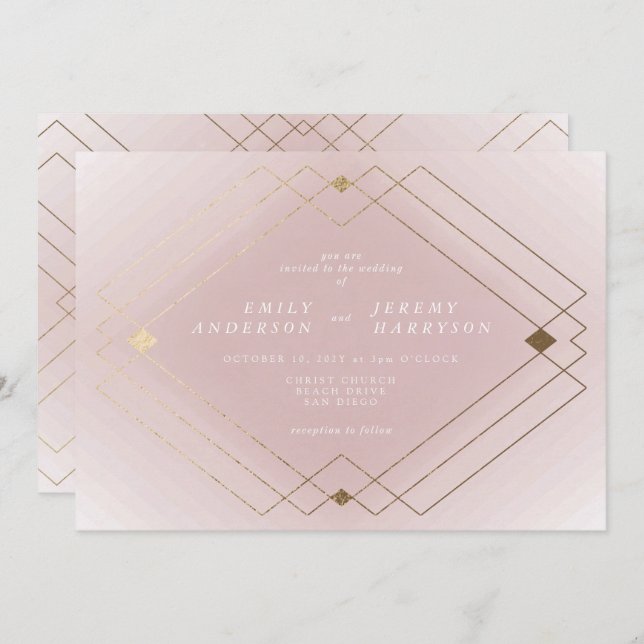 Gold Diamond Pink Geometric Deco Gatsby Wedding Invitation (Front/Back)