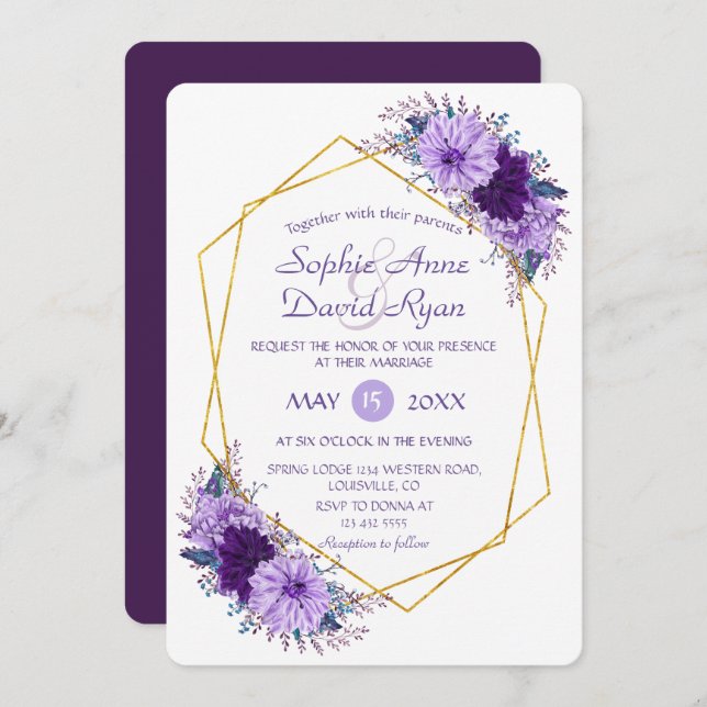 Gold Diamond Purple Floral Geometric Wedding Invitation (Front/Back)