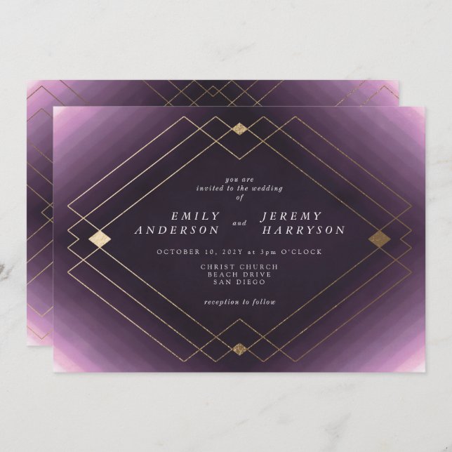 Gold Diamond Purple Geometric Deco Gatsby Wedding Invitation (Front/Back)