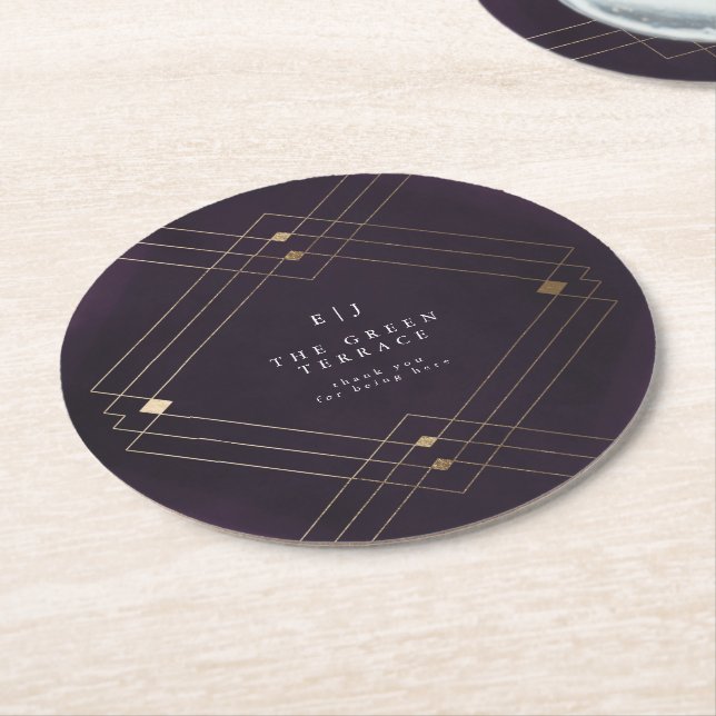 Gold Diamond Purple Geometric Deco Gatsby Wedding Round Paper Coaster (Angled)