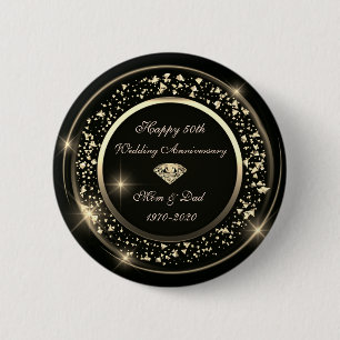 Gold Diamond Shiny Black 50th Wedding Anniversary 6 Cm Round Badge