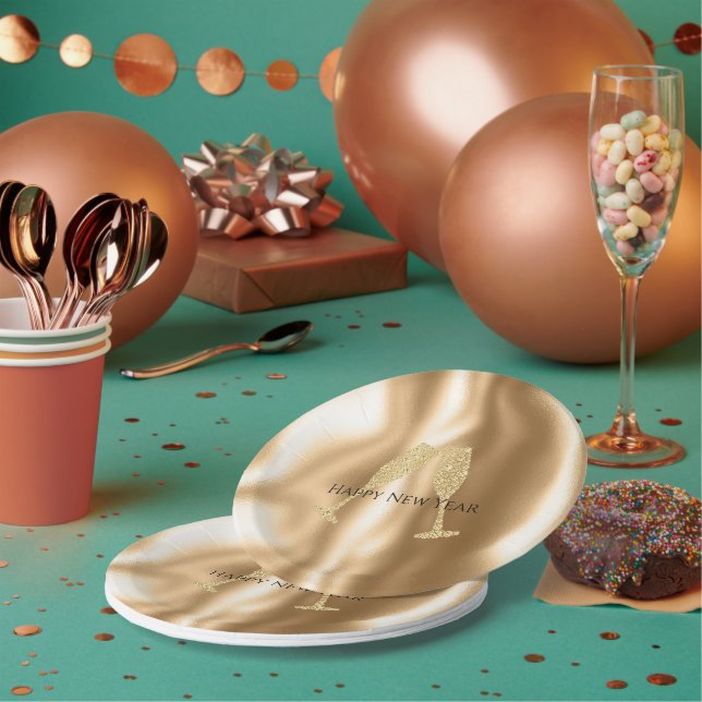 Gold Diamond Sparkle Champagne Glasses New Year's Paper Plate (Multi)