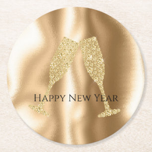 Gold Diamond Sparkle Champagne Glasses New Year's Round Paper Coaster