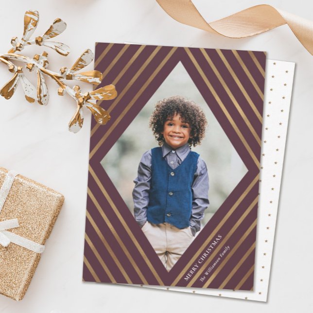 Gold Diamond Stripes Frame Photo Christmas Holiday Card (Creator Uploaded)
