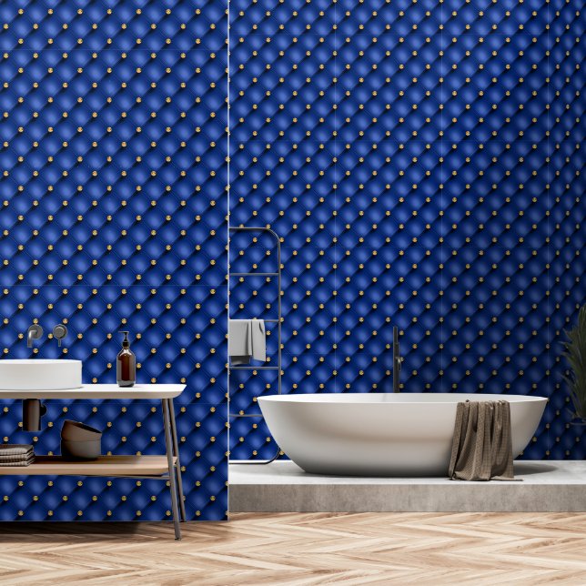 Gold Diamond Tufted Navy Blue Wallpaper (Bathroom)